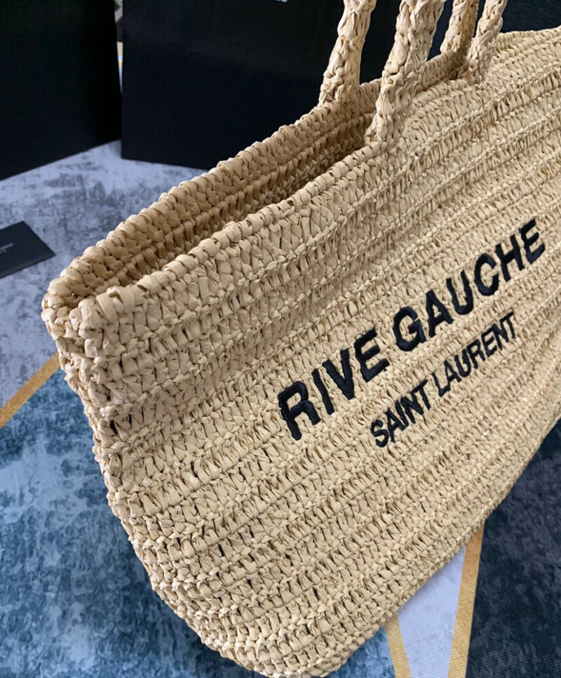 Saint Laurent Rive Gauche Supple Tote Bag In Raffia Crochet Apricot